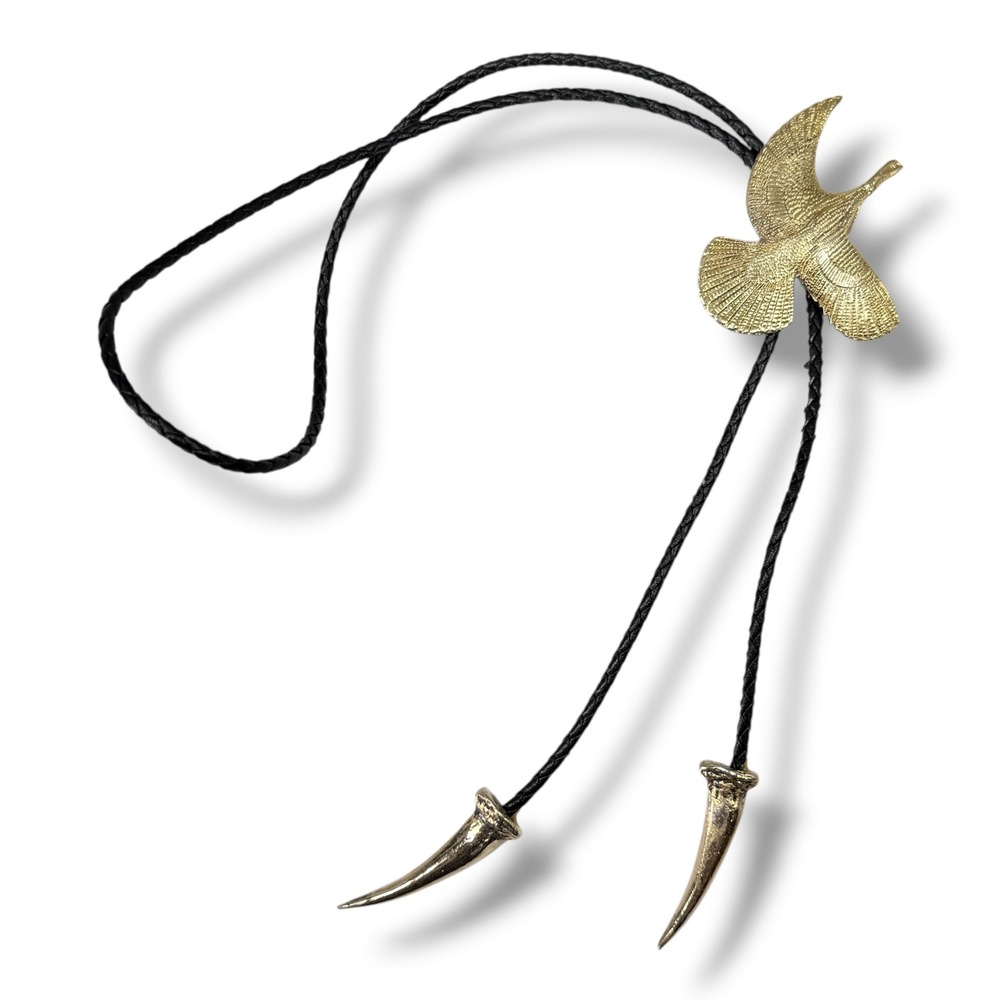 Vintage 1995 Jim Weidner Gold Tone Bird Bolo Tie Braided Black Cord Claw Tips